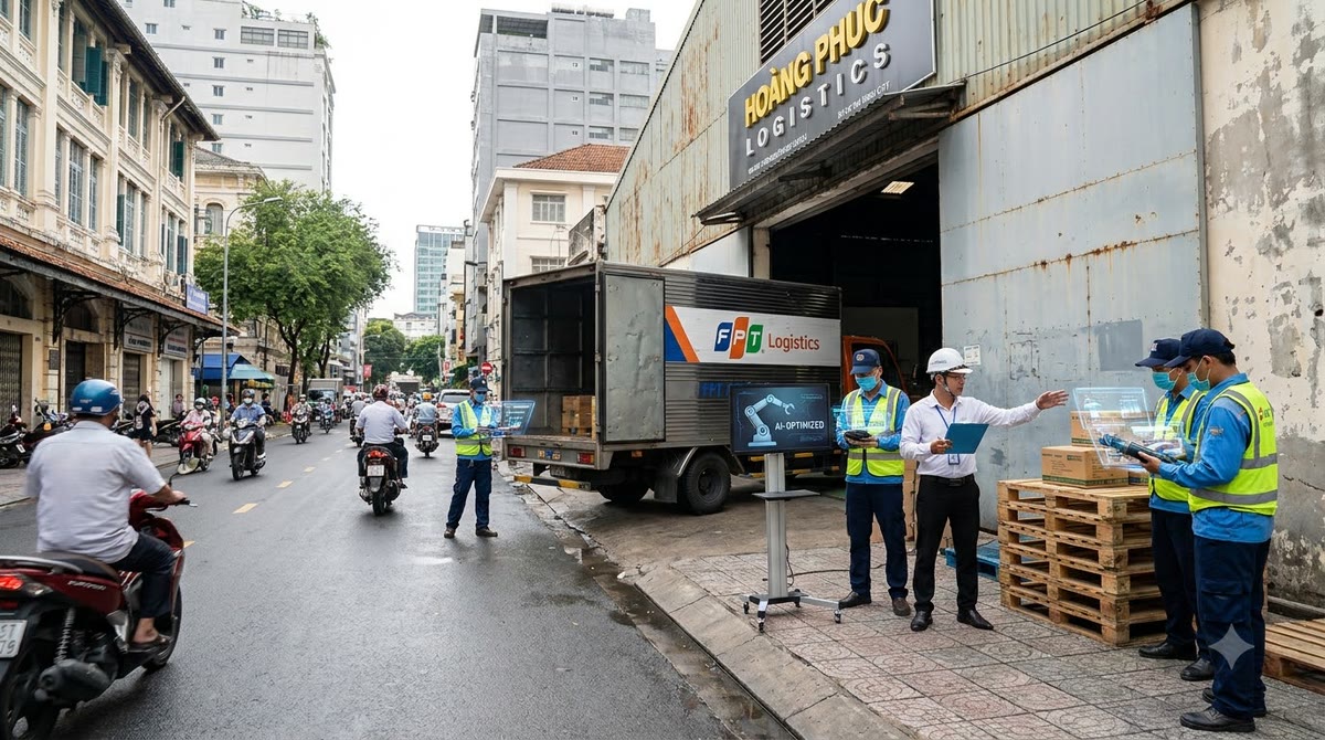 Warehouse manager in Ho Chi Minh City watching trucks, pallets, and scanning devices at the warehouse gate