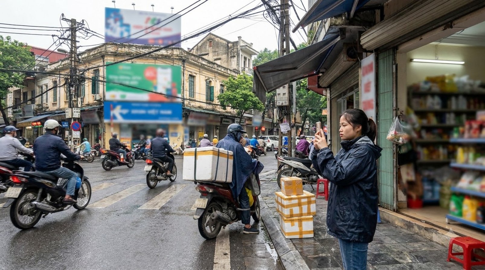 Shopper viewing products on a phone beside a street shop in Vietnam