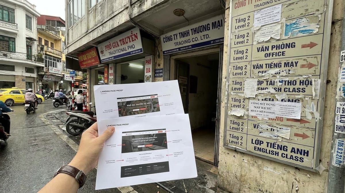 A Vietnamese street scene with bilingual signs and different landing page printouts