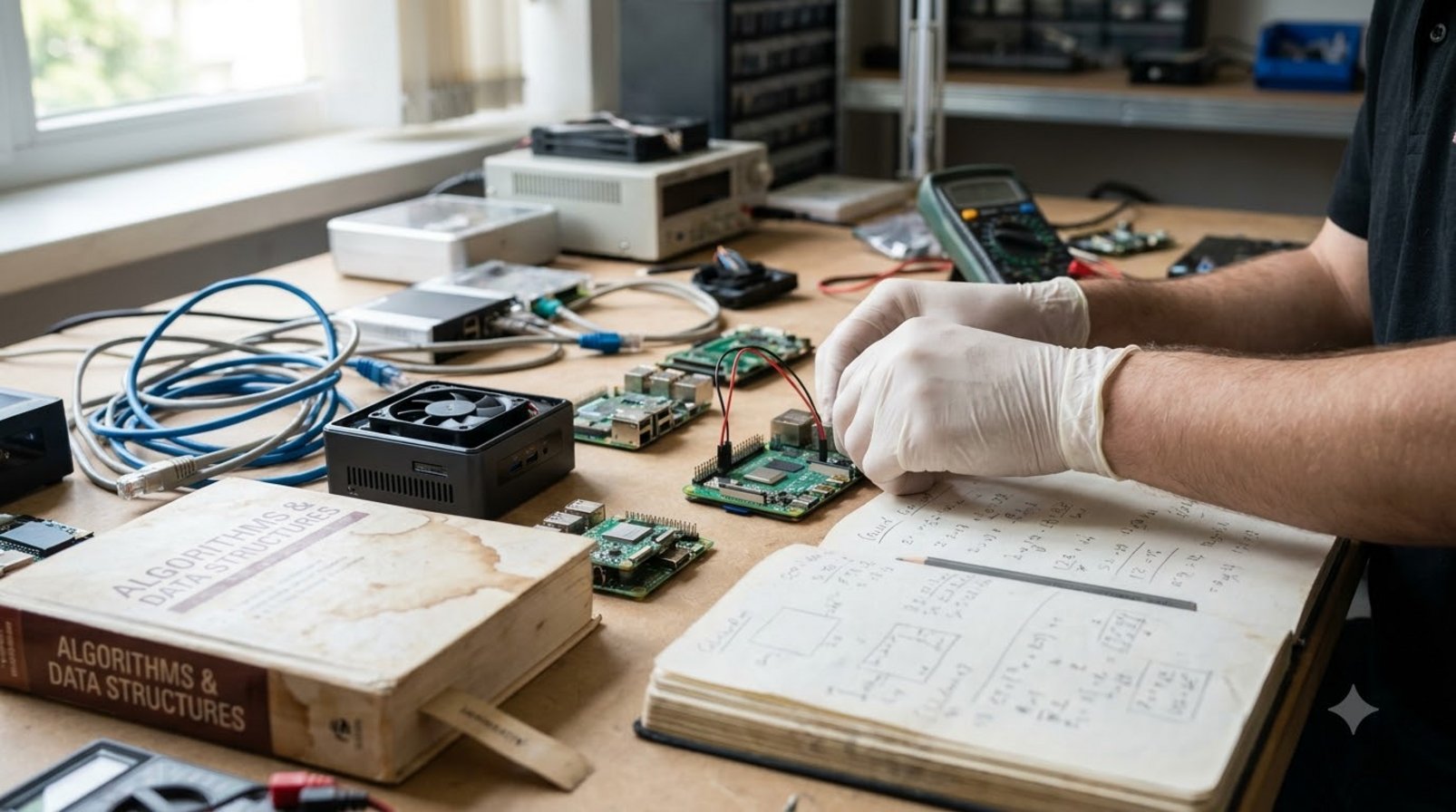 Compact computing equipment, cables, and formula notes on an engineering desk