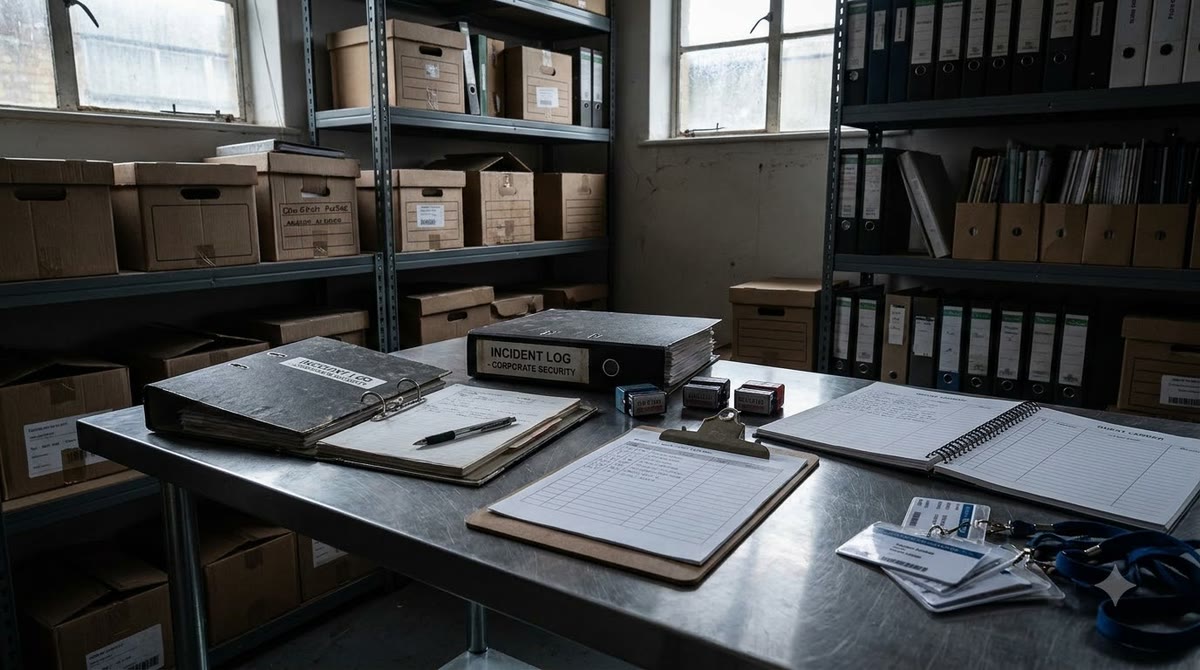 An incident logbook open on a metal table beside a clipboard, timestamp stamp, and access card