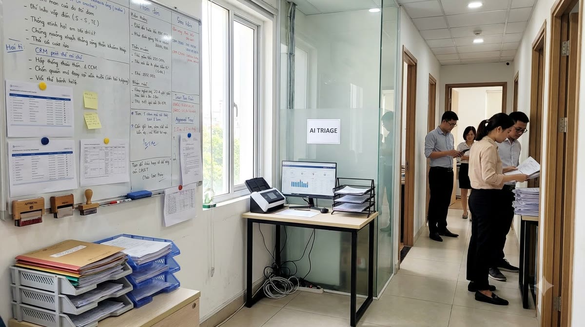 Hành lang văn phòng tại Việt Nam với CRM, hồ sơ duyệt nội dung và luồng xử lý