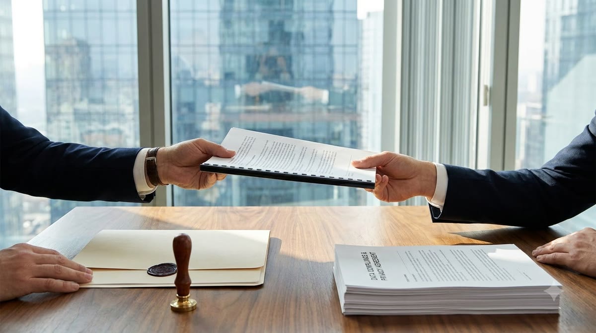 Two hands exchanging a contract beside confidential files in a glass office
