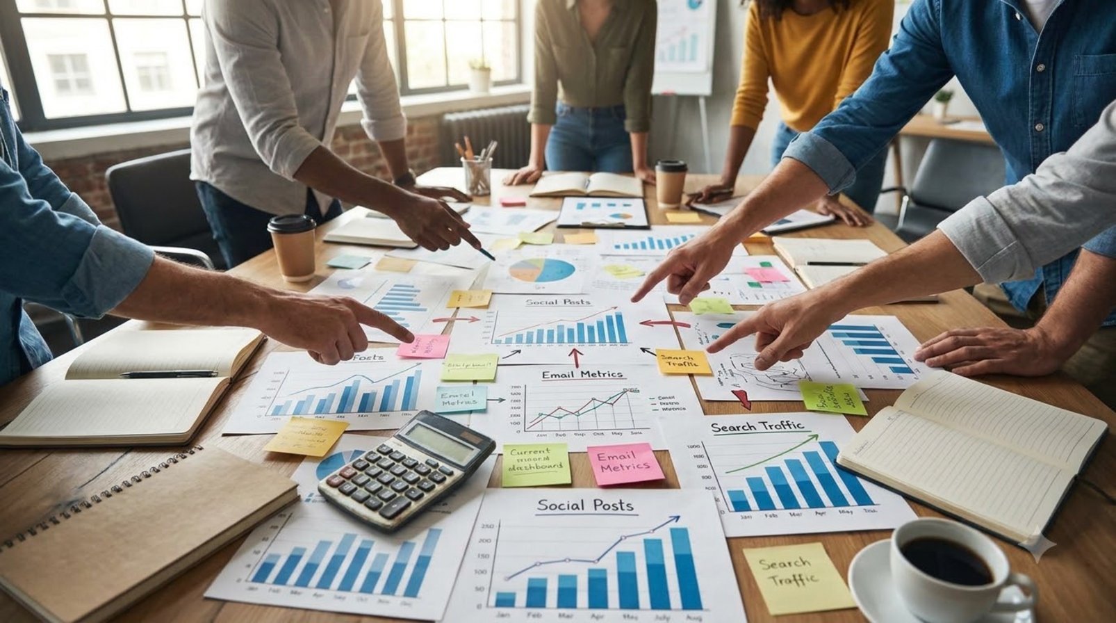 Bàn họp với biểu đồ in giấy, sổ tay và bút, mọi người đối chiếu số liệu marketing