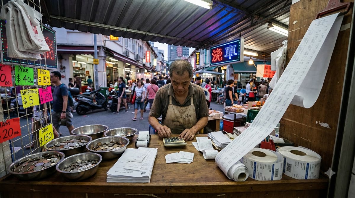 Urban stall with invoices, small change and cost calculation papers