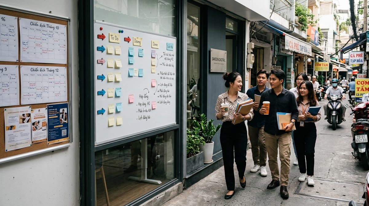 Lối vào văn phòng agency ở TP.HCM với lịch chiến dịch, thẻ quy trình và nhóm nhân sự