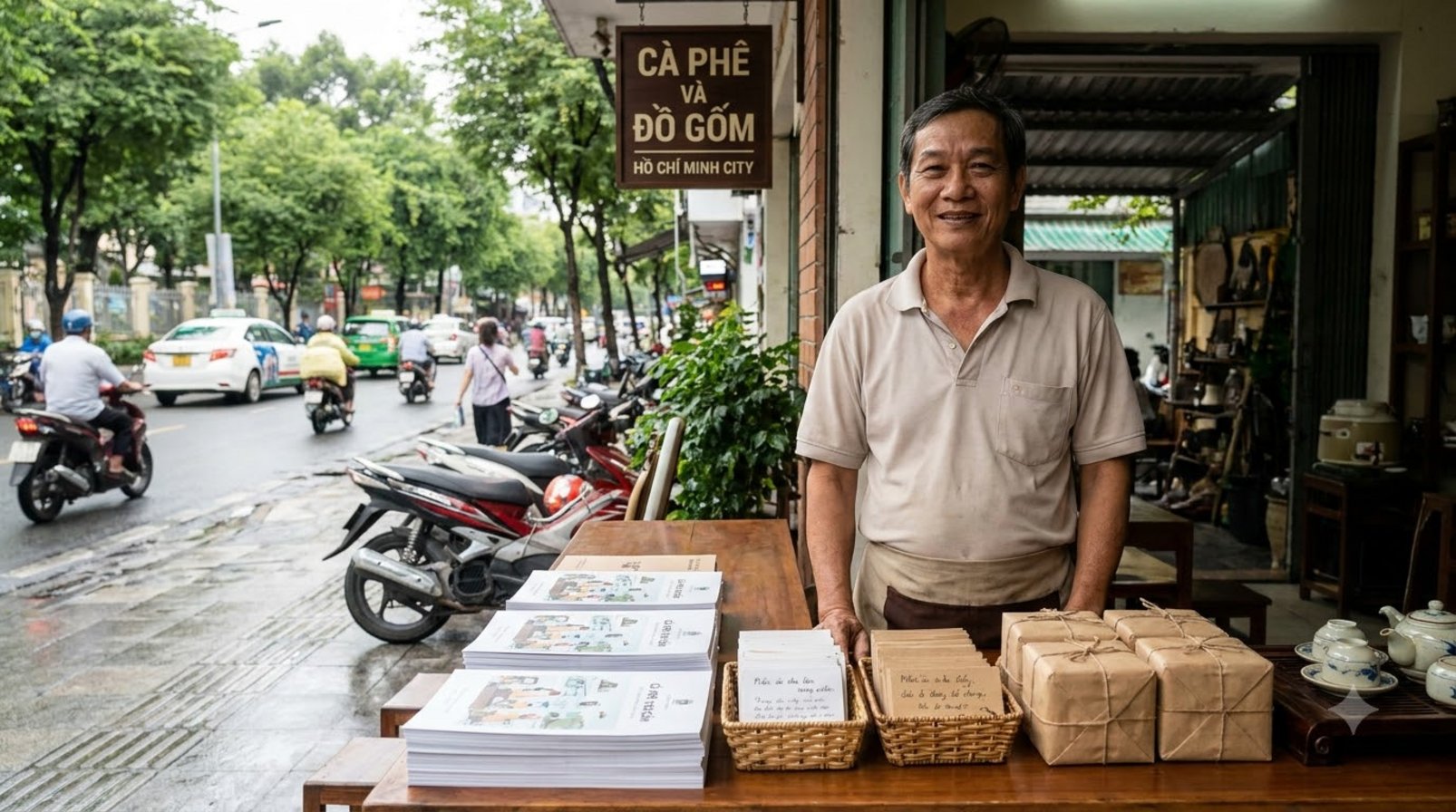 Chủ cửa hàng đứng trước mặt tiền ở Sài Gòn cạnh brochure và bao bì sản phẩm