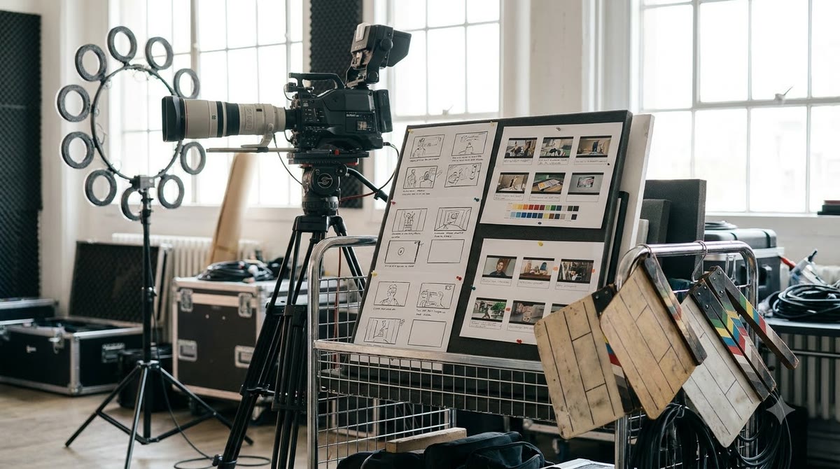 Máy quay, đèn studio và bảng dựng video với nhiều bản in cắt chỉnh