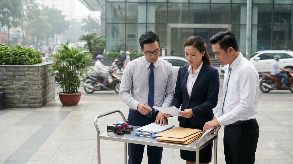 Nhóm duyệt email ngoài sảnh tòa nhà văn phòng với bản in, con dấu và phong bì