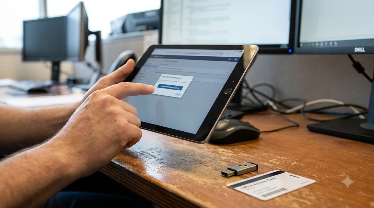 A desk with an access badge, a security key, and a tablet open to a plugin support interface