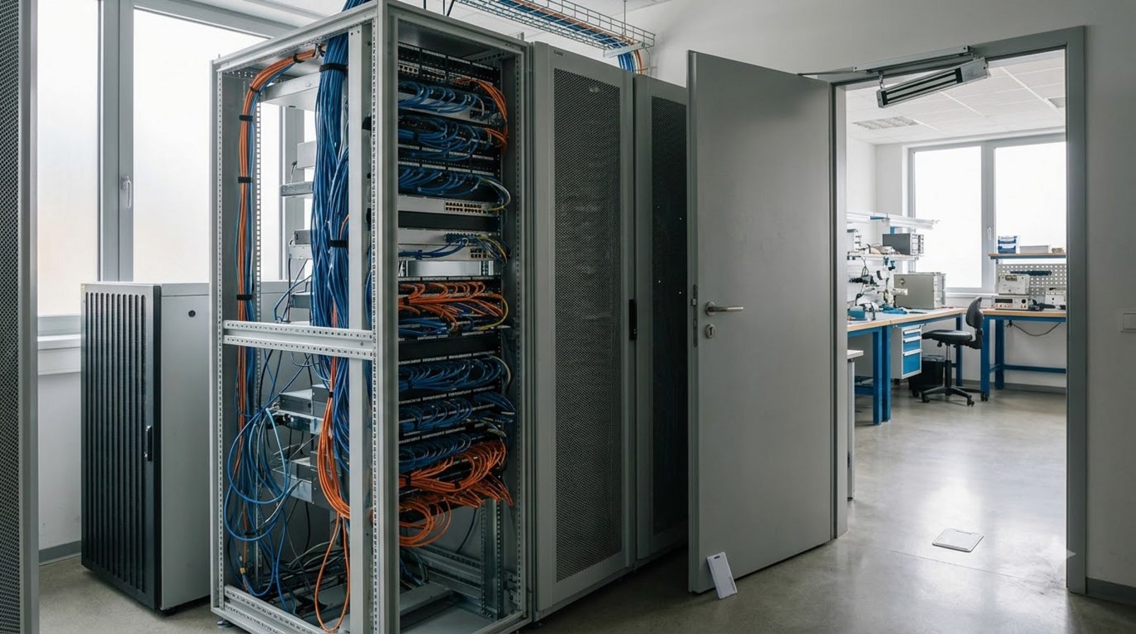 Server room with an open access door and a breached test lab entrance