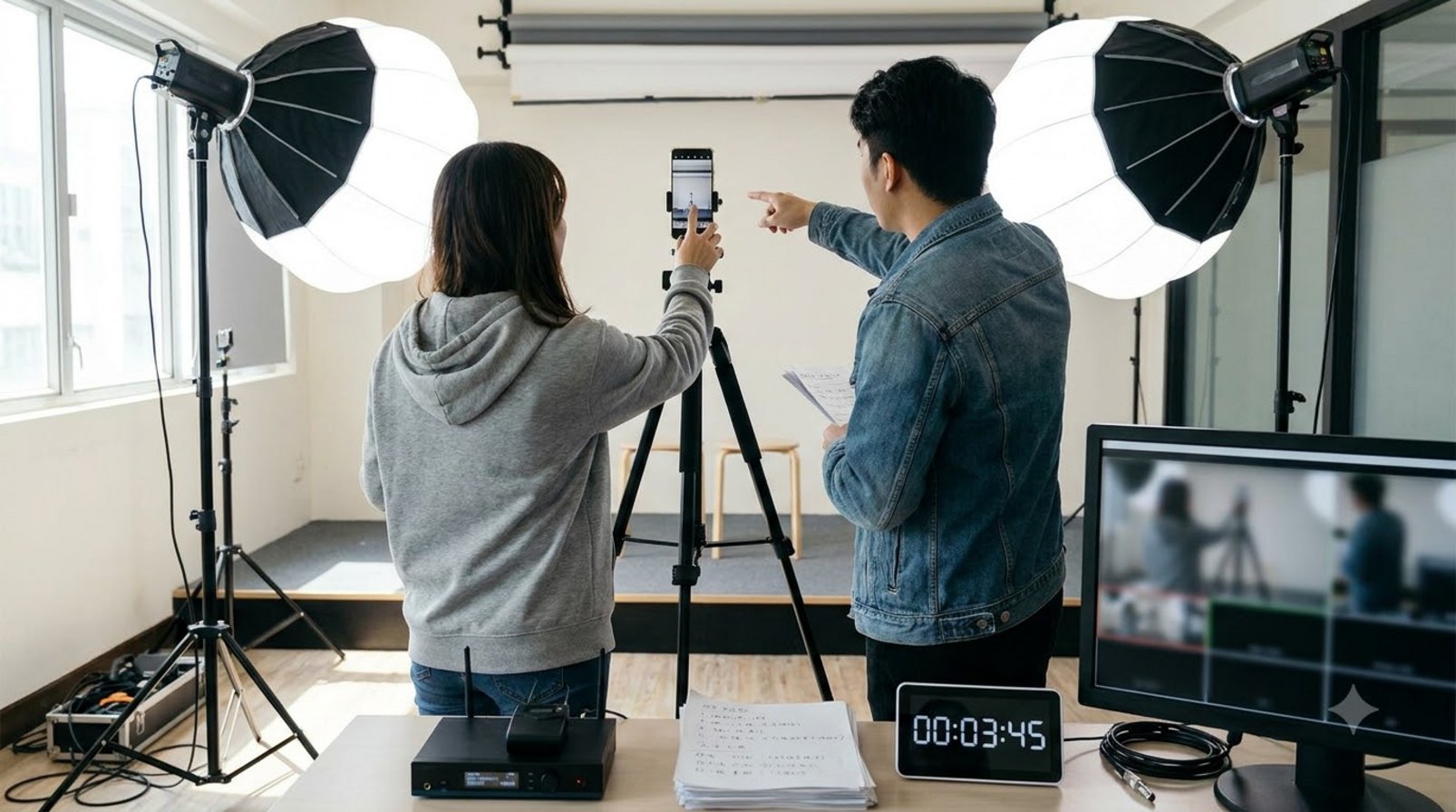 Một buổi tập livestream dọc với điện thoại, tripod, đèn và ghi chú chuẩn bị