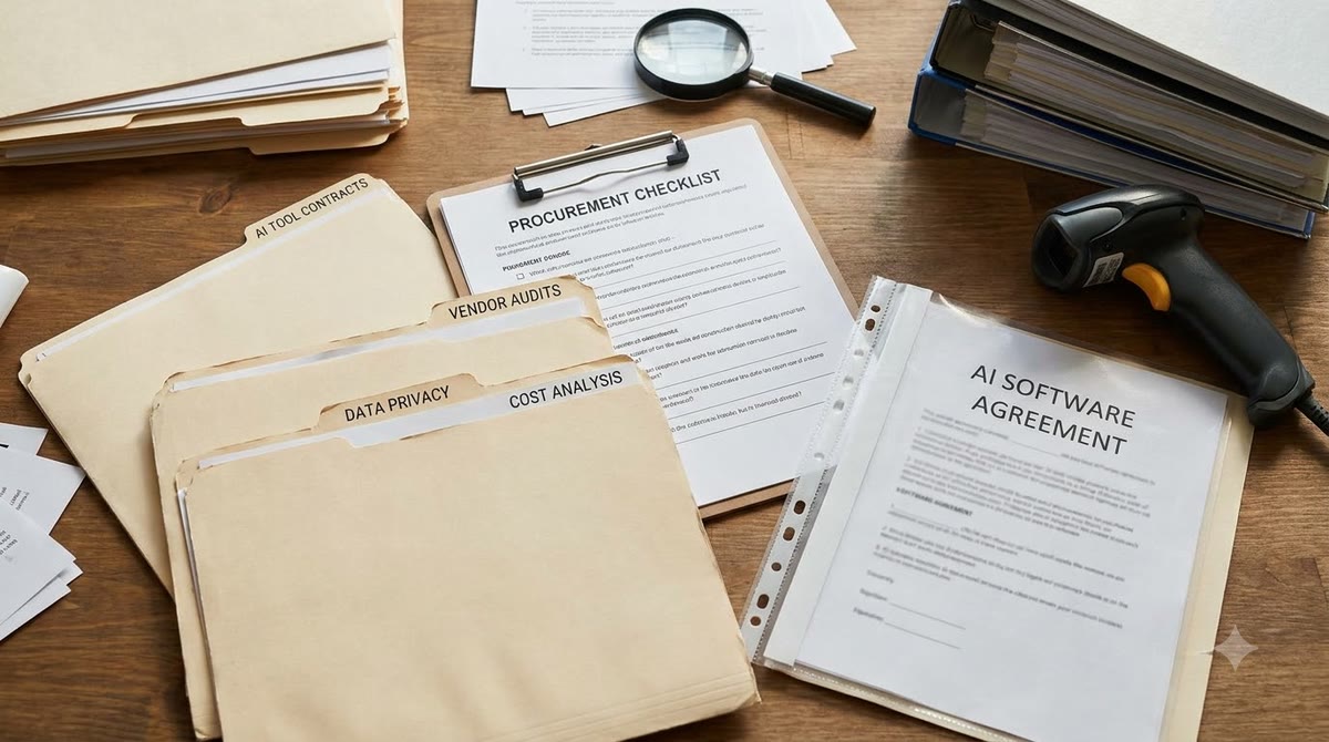 Bàn kiểm soát với hợp đồng, checklist và hồ sơ nhà cung cấp AI được sắp xếp