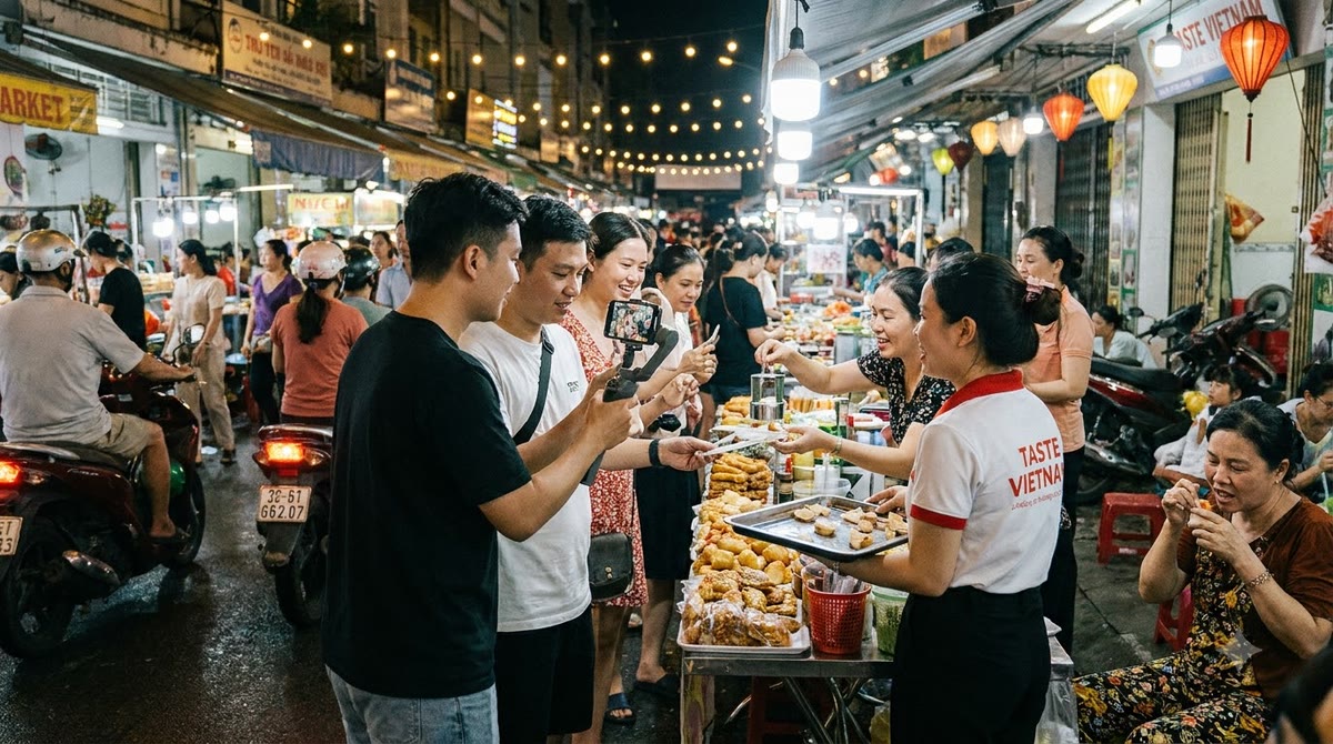 Creator quay cảnh thử sản phẩm giữa chợ đêm Việt Nam, người mua đứng xem và phản ứng tự nhiên