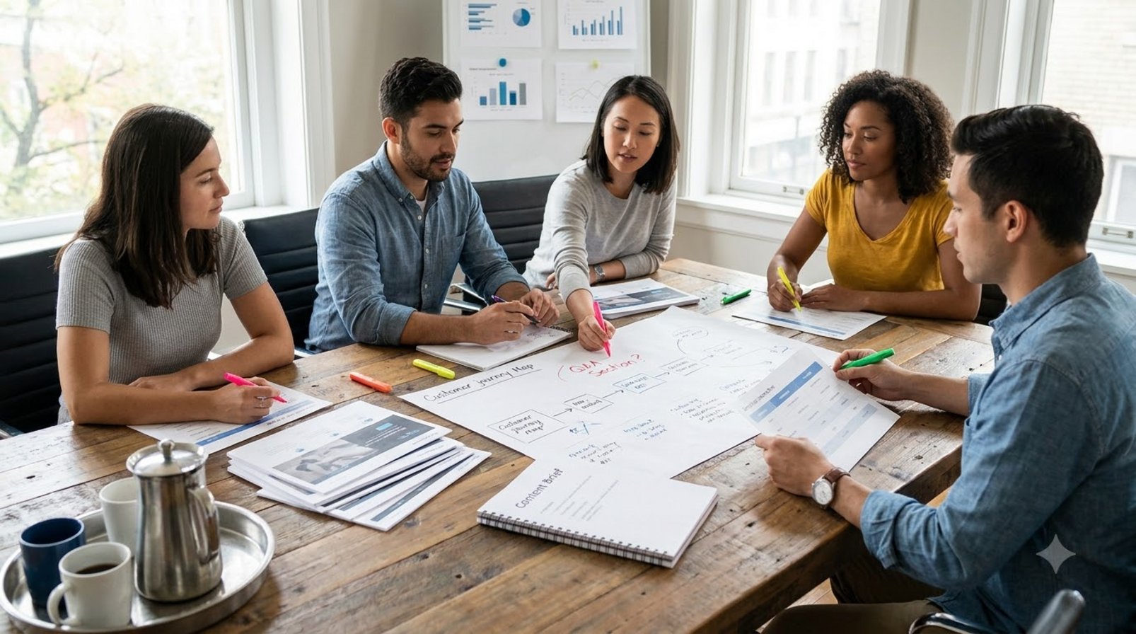 Nhóm marketer xem bản in nội dung và sơ đồ hành trình khách hàng