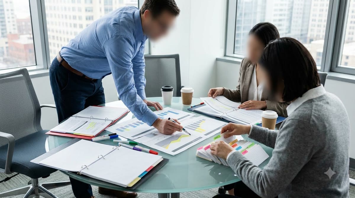 Nhóm marketing xem biểu đồ in và trao đổi quanh bàn kính