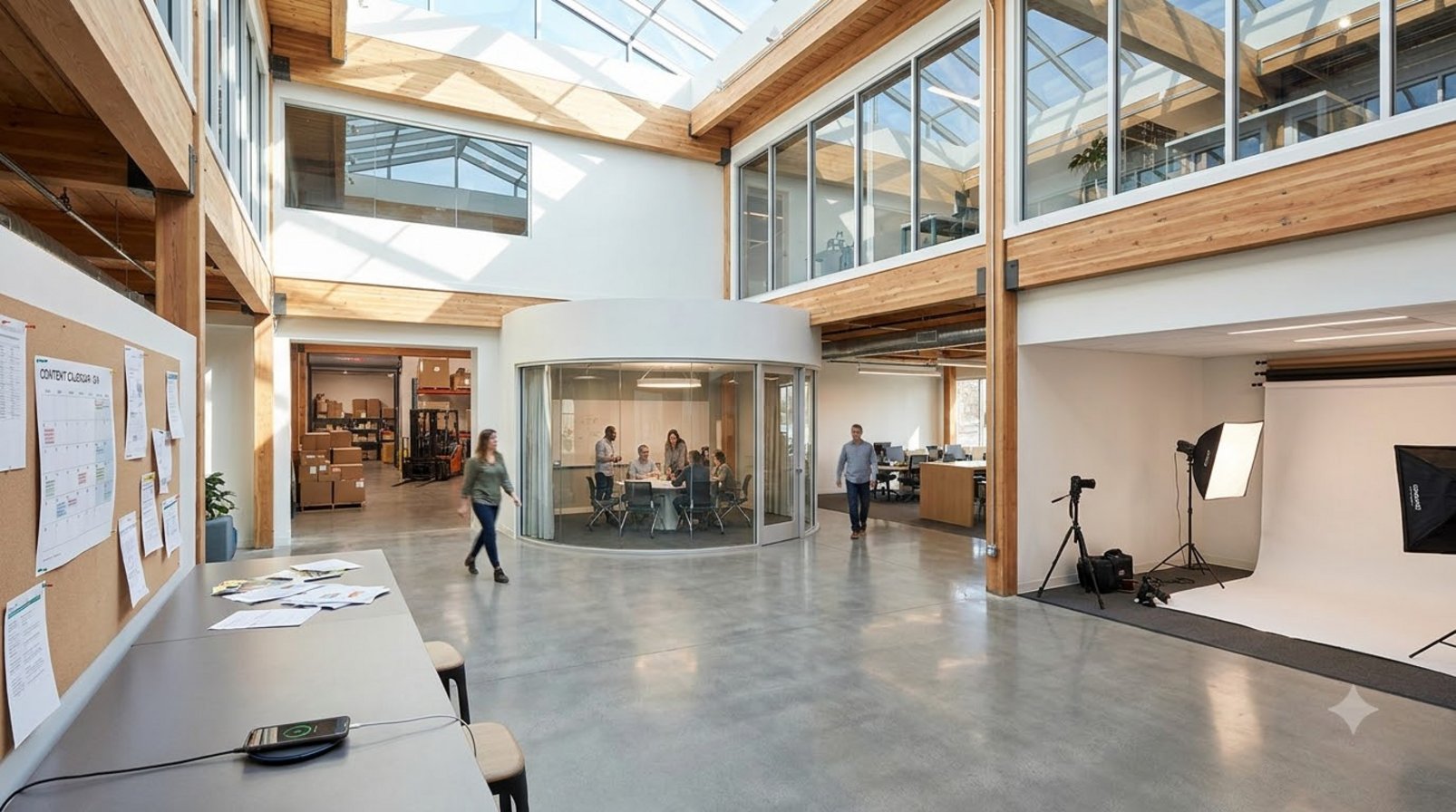 A connected workspace linking multiple departments with planning boards, meeting rooms, and operations areas