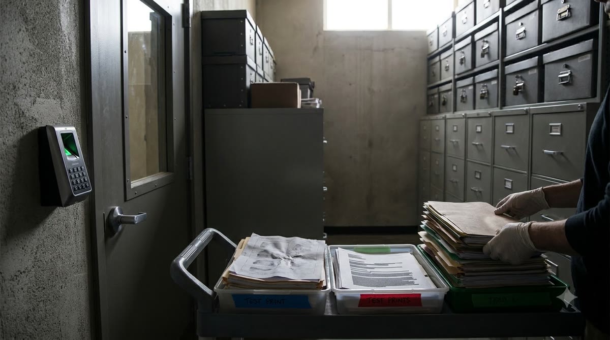 Customer records and campaign documents are classified in a locked storage room