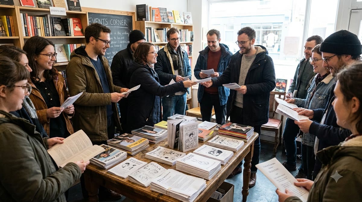 A group of readers stands around a book table, holding zines and printed sheets, chatting animatedly in a small space