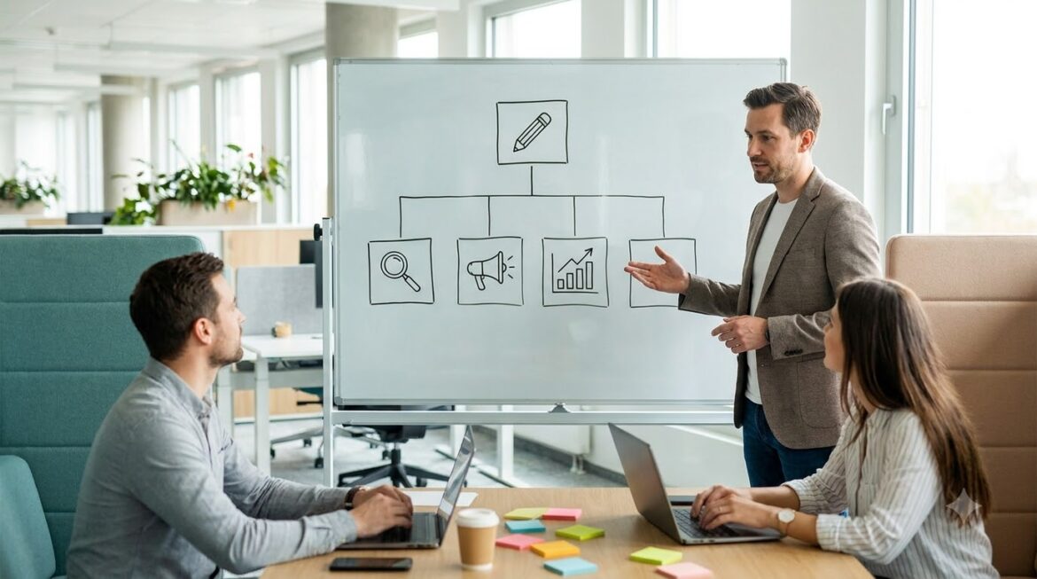 Sơ đồ cơ cấu đội ngũ marketing vẽ trên bảng trắng trong buổi họp