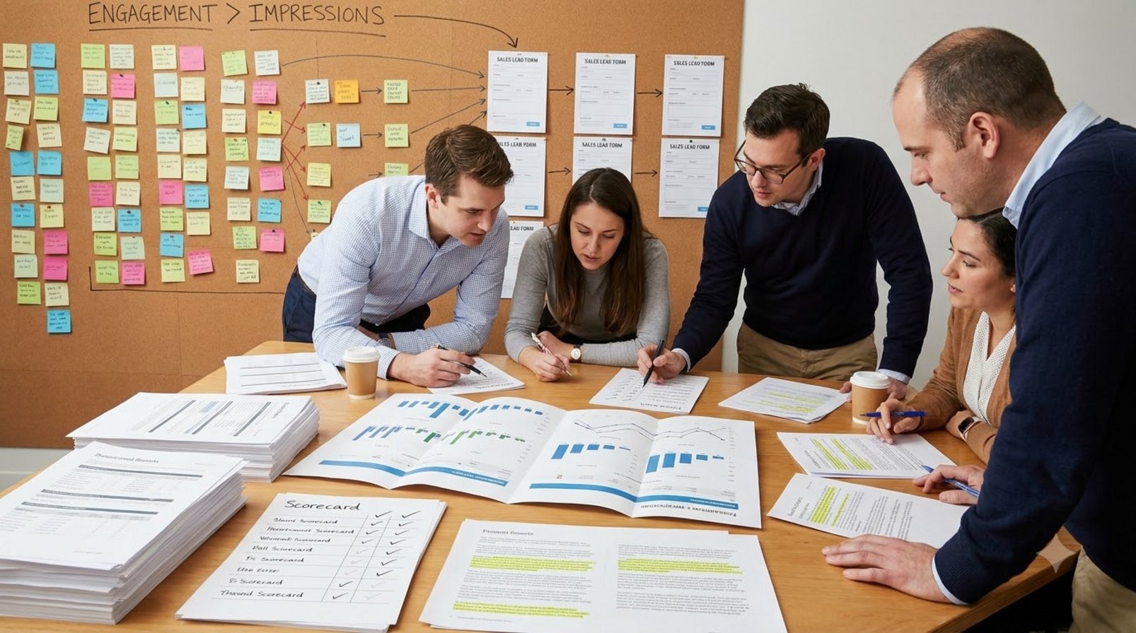 Nhóm marketing xem báo cáo in giấy, nối phản hồi với cơ hội kinh doanh