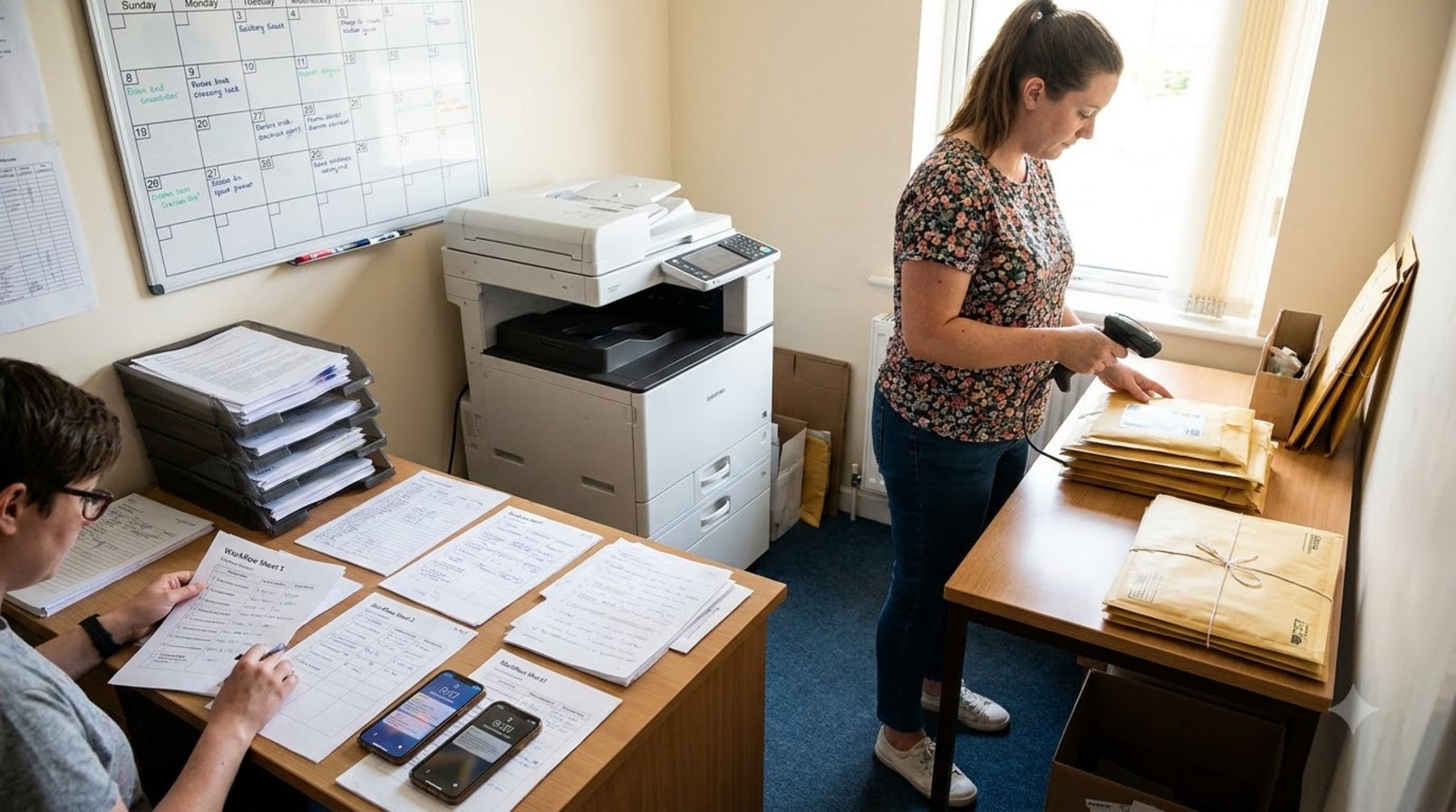 A small office with parcels, a printer, and mobile devices supporting multiple tasks