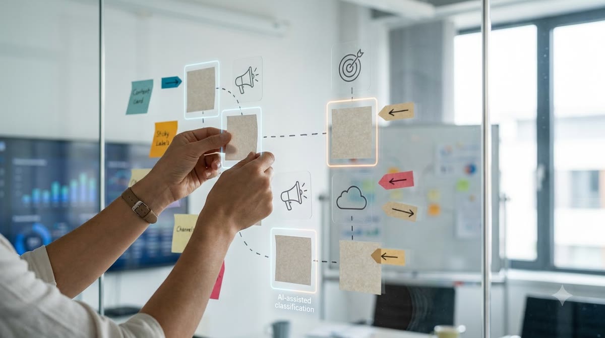 Hands arranging content cards and distribution flows on a glass wall