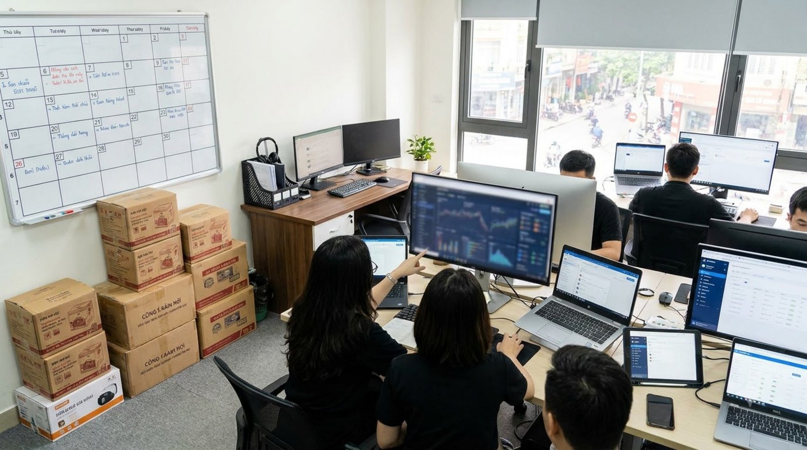 Phòng vận hành marketing tại Việt Nam với thiết bị tự động hóa và hộp tài liệu