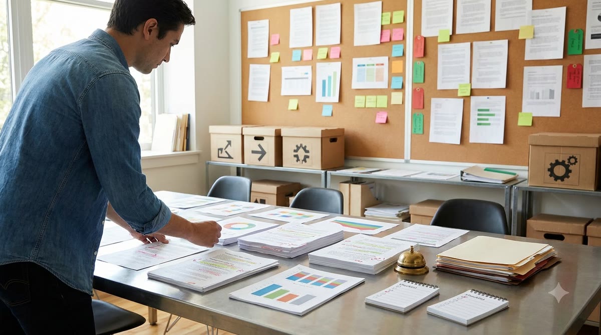 Content review room with multiple printed versions, a pin board, and a control checklist