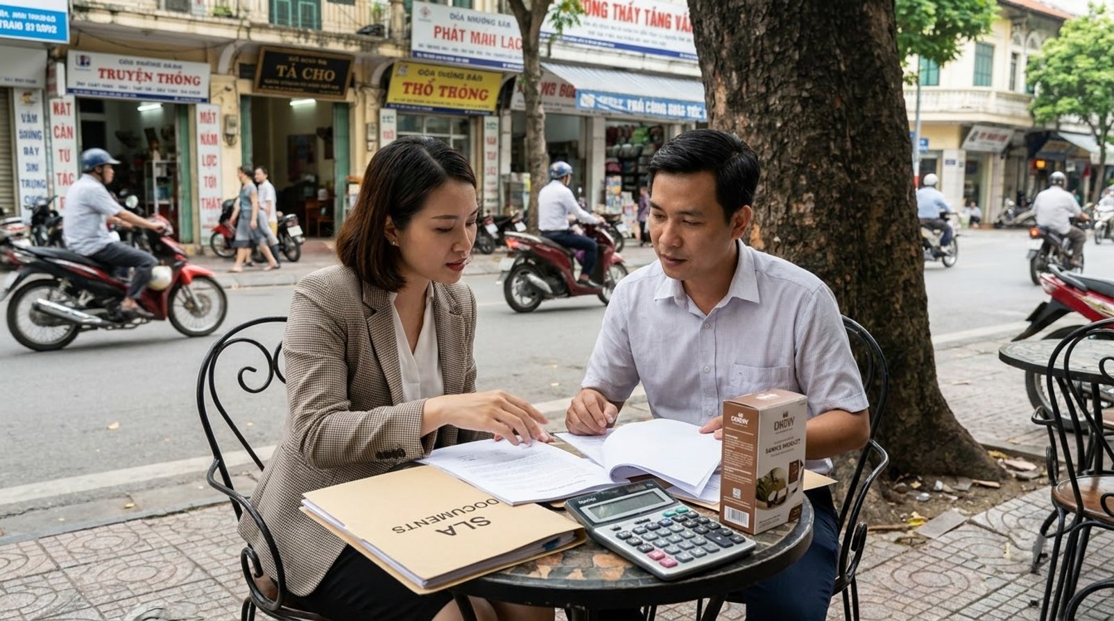 Hai người ngồi quán vỉa hè xem hợp đồng và mẫu sản phẩm
