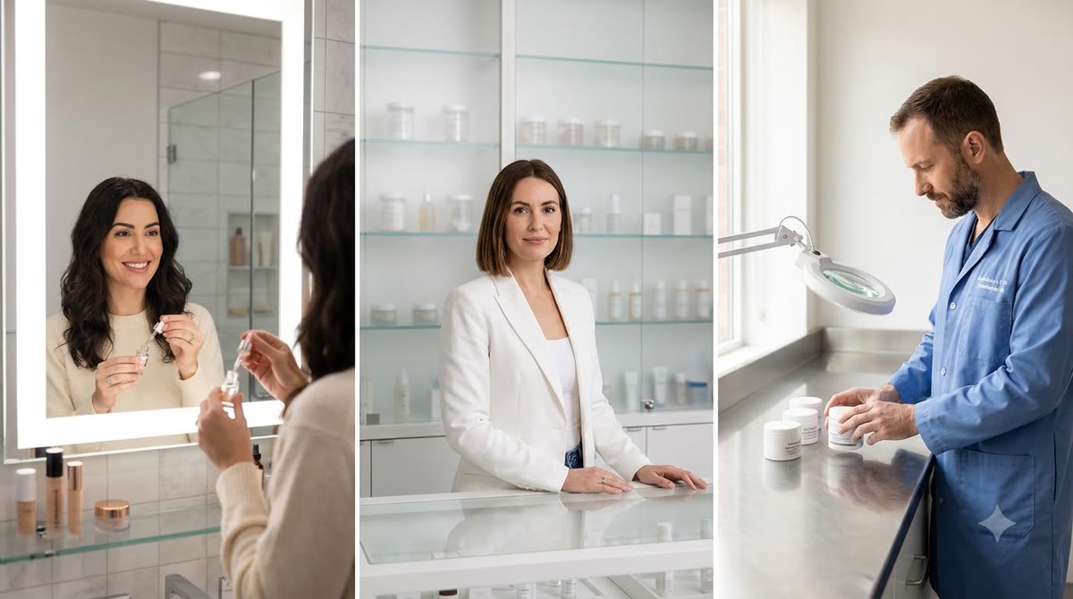 Ba nhân vật ở những không gian khác nhau cầm mẫu sản phẩm và trao đổi về skincare