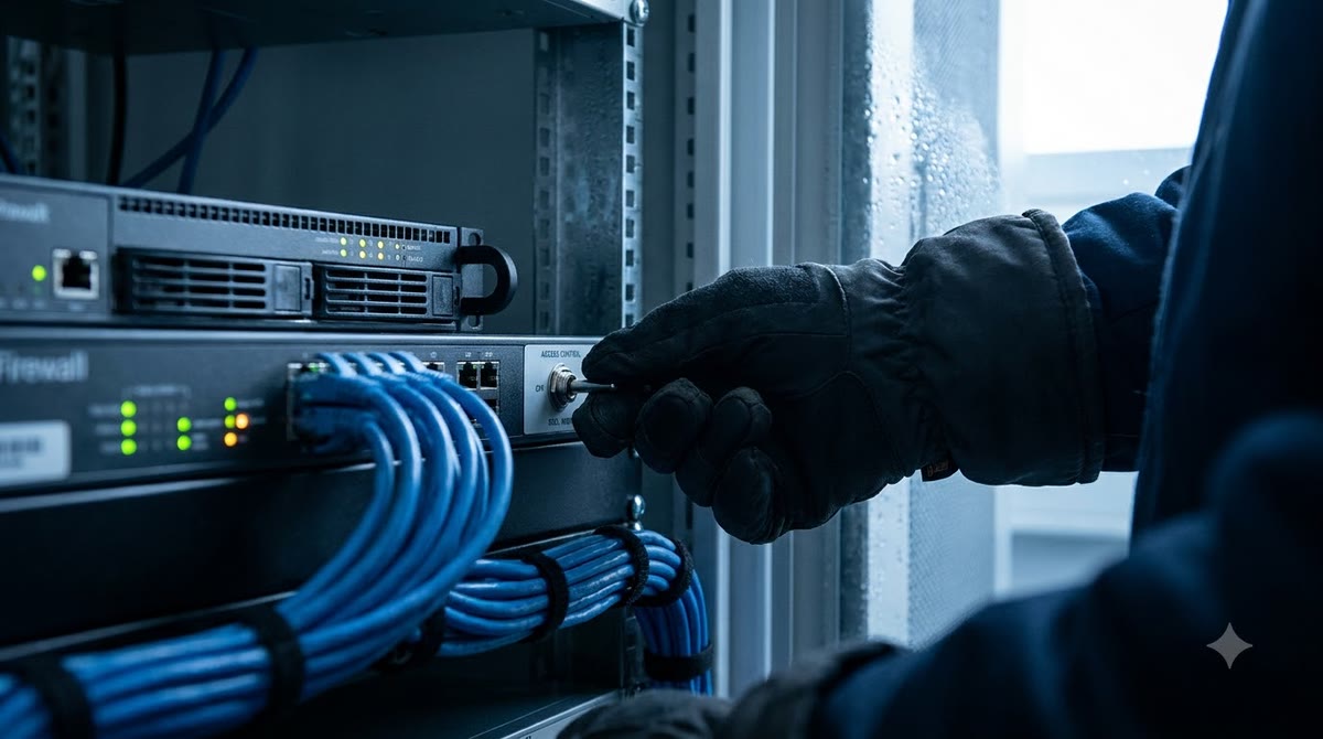 Kỹ thuật viên điều chỉnh thiết bị mạng trong phòng máy lạnh, giữa các rack máy chủ