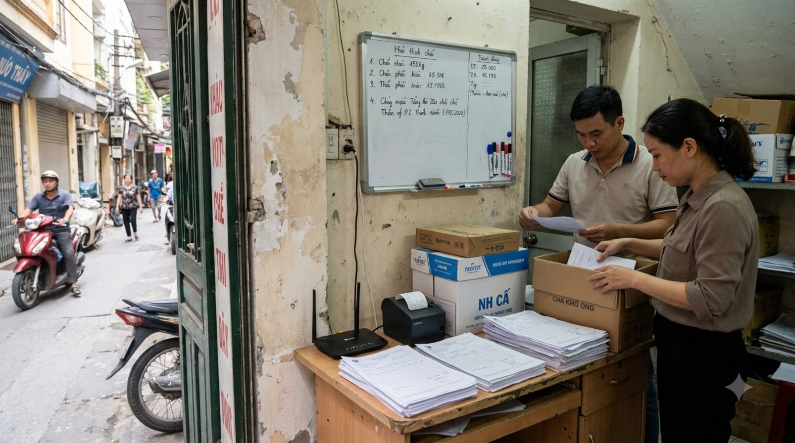 Small office space in Vietnam with paperwork, a modem, and a receipt printer