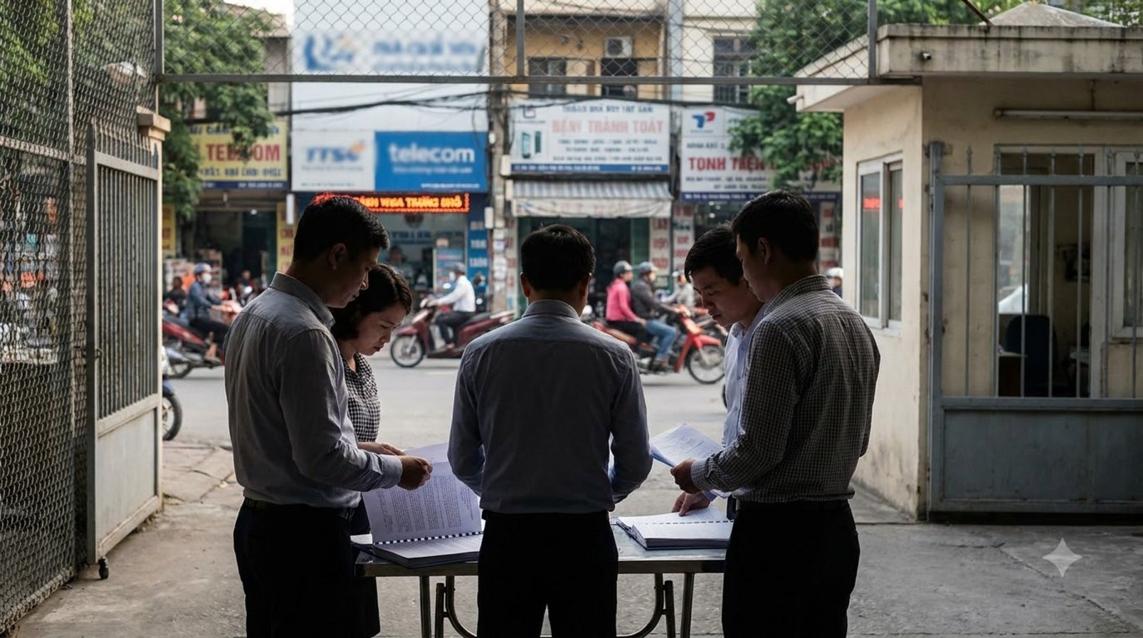 Nhóm marketing đứng ngoài trung tâm vận hành an toàn giữa phố thị Việt Nam