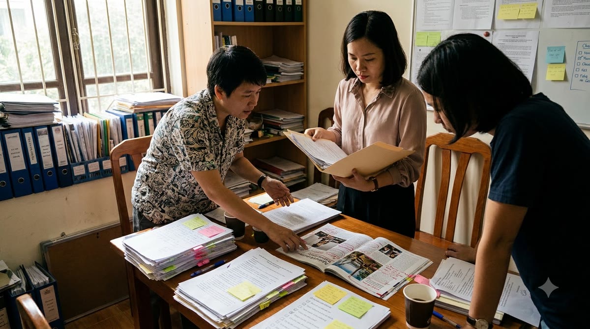 Nhóm nhỏ rà soát bản in, checklist và nguồn tham chiếu trước khi xuất bản