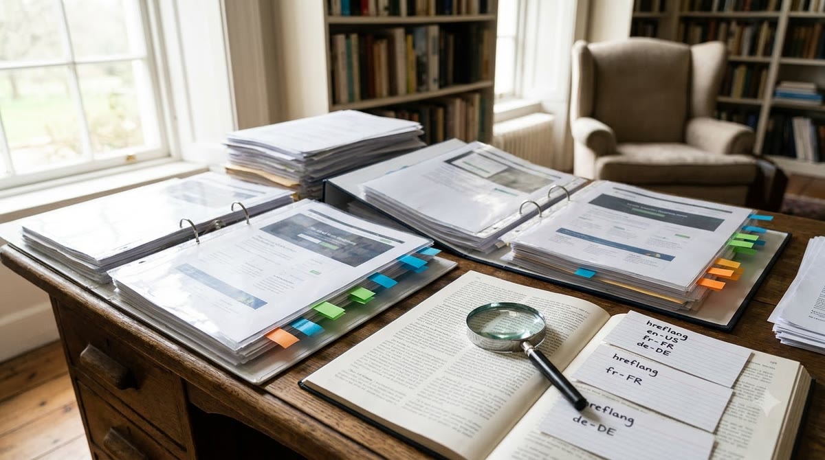 Hreflang documents, language labels, and landing page printouts stacked under a clear plastic cover