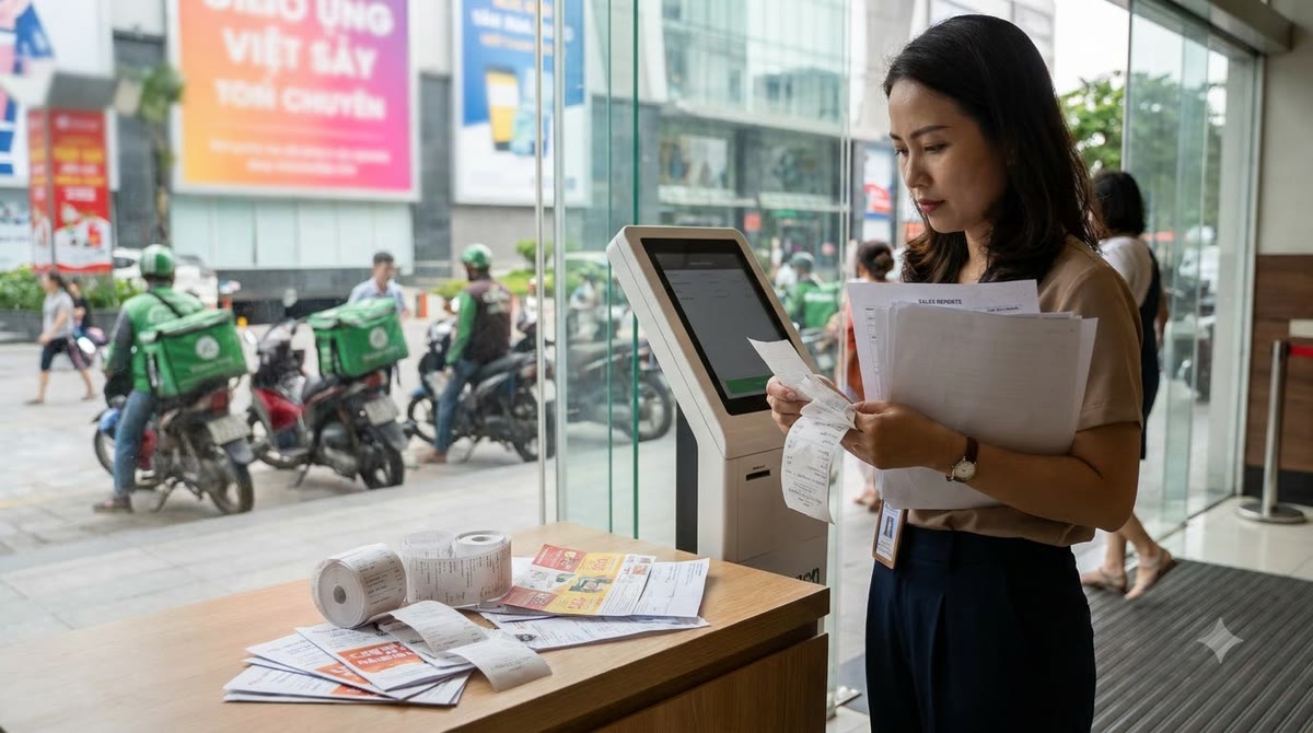 Người quản lý cầm hóa đơn và phiếu giảm giá trước lối vào trung tâm thương mại