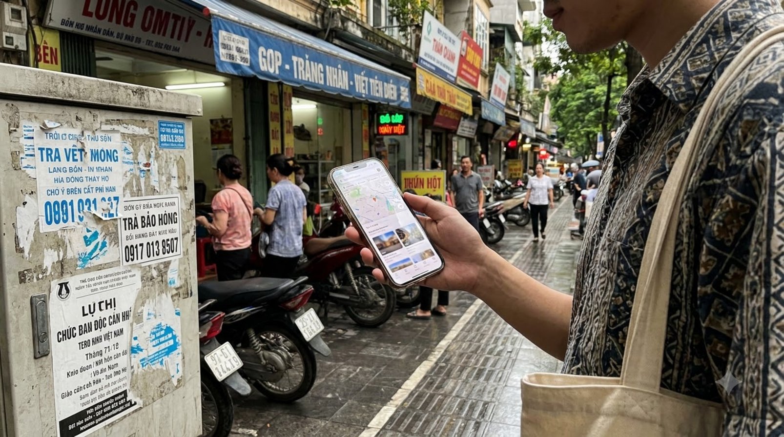 Người dùng cầm điện thoại giữa phố đông xe và cửa hàng ở Việt Nam
