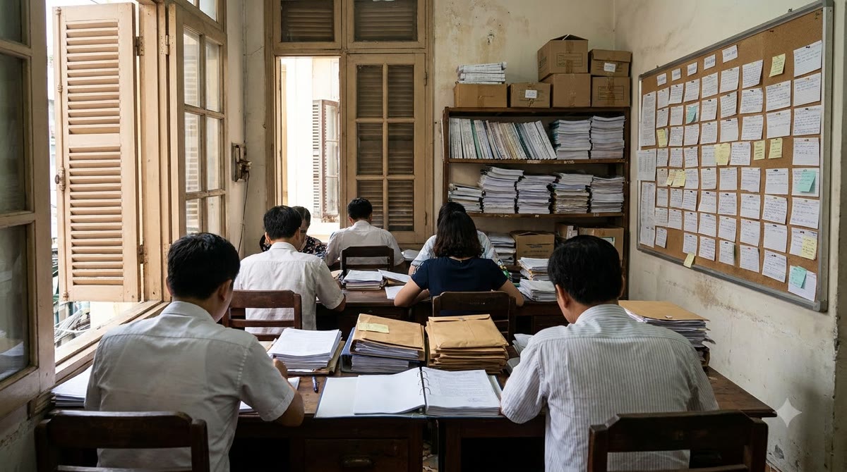A small office with printed files, document boxes, and staff reviewing papers