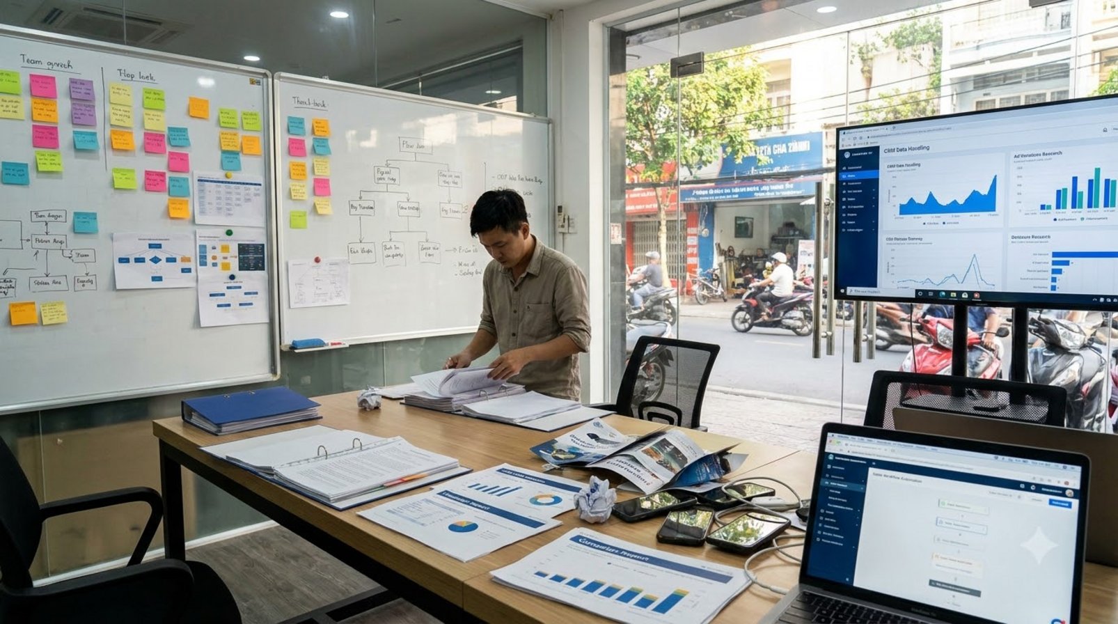A Vietnamese marketing operations room with CRM papers, reports, and campaign notes