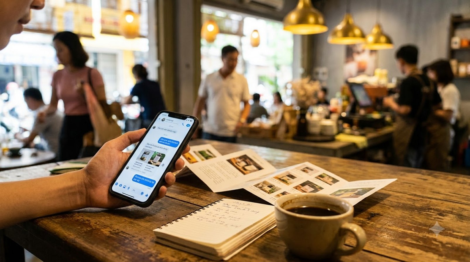 Người dùng tra cứu trên điện thoại, bên cạnh là báo in và brochure mua sắm