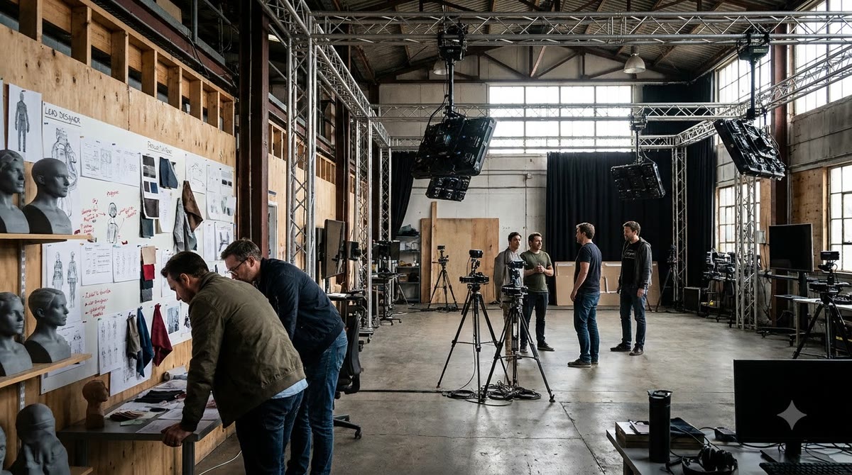 Đội ngũ nhỏ đứng trong phòng motion capture, xem các bản in tham chiếu và mô hình thử