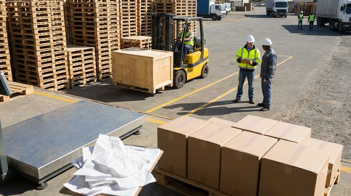Bãi logistics với pallet hàng, xe nâng và biểu mẫu tính toán chi phí vận hành