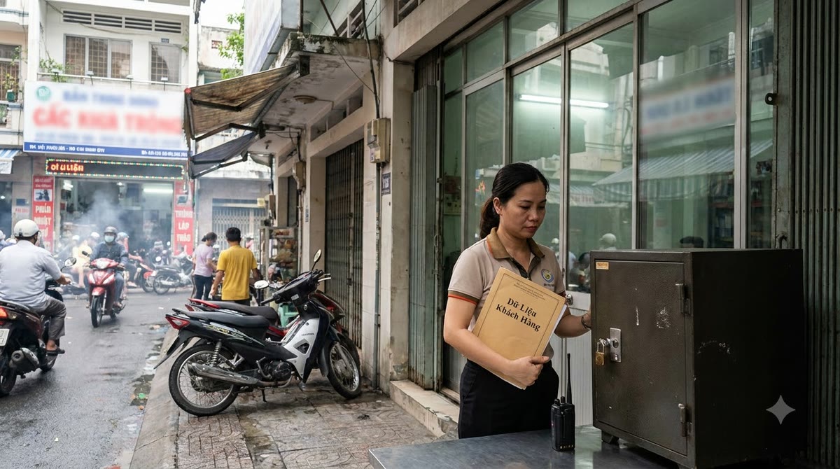 Staff member holding customer data files outside an office in central Saigon