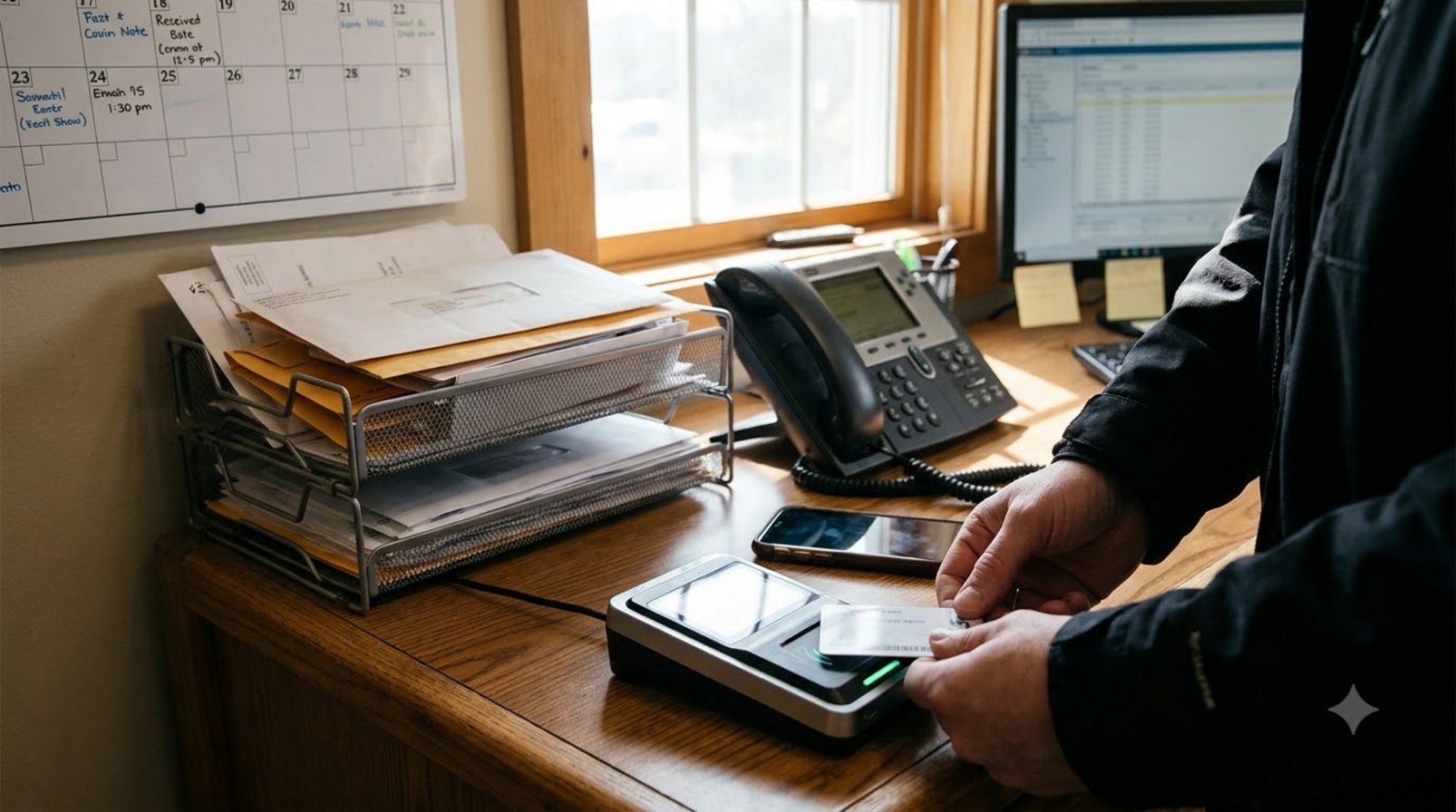 A work desk with a phone, paper calendar, and card reader beside a stack of unprocessed mail
