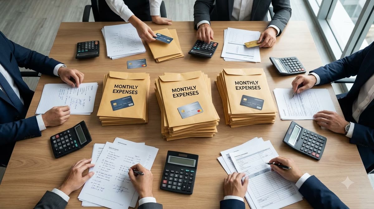 Many corporate cards and expense envelopes arranged around a meeting table