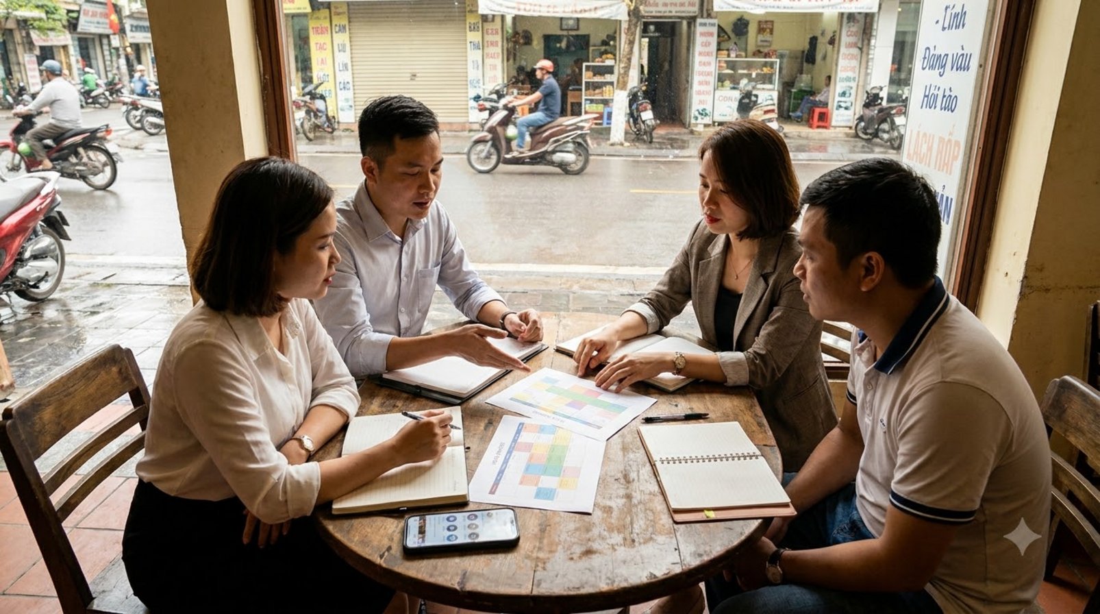 Bốn người ngồi quán cà phê Việt Nam xem lịch đăng và ghi chú trên giấy