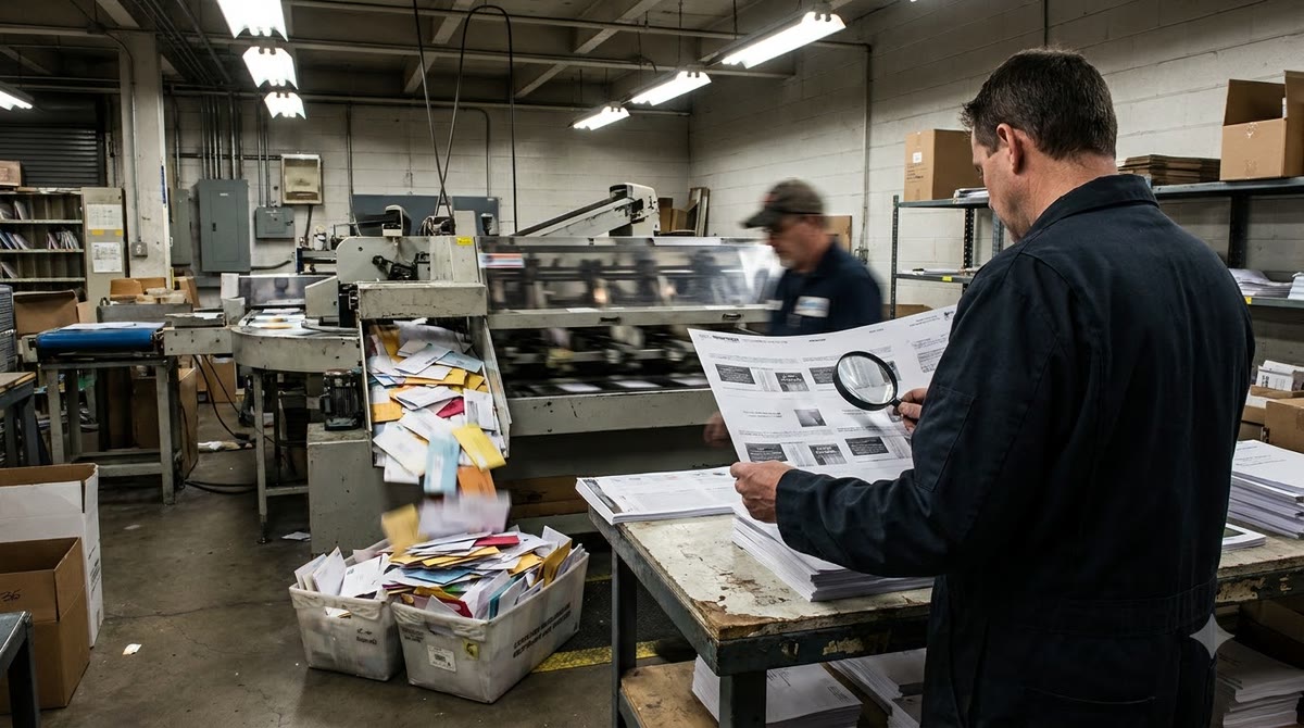 A mail-sorting machine running fast, with misaligned printed trays and a manager checking again