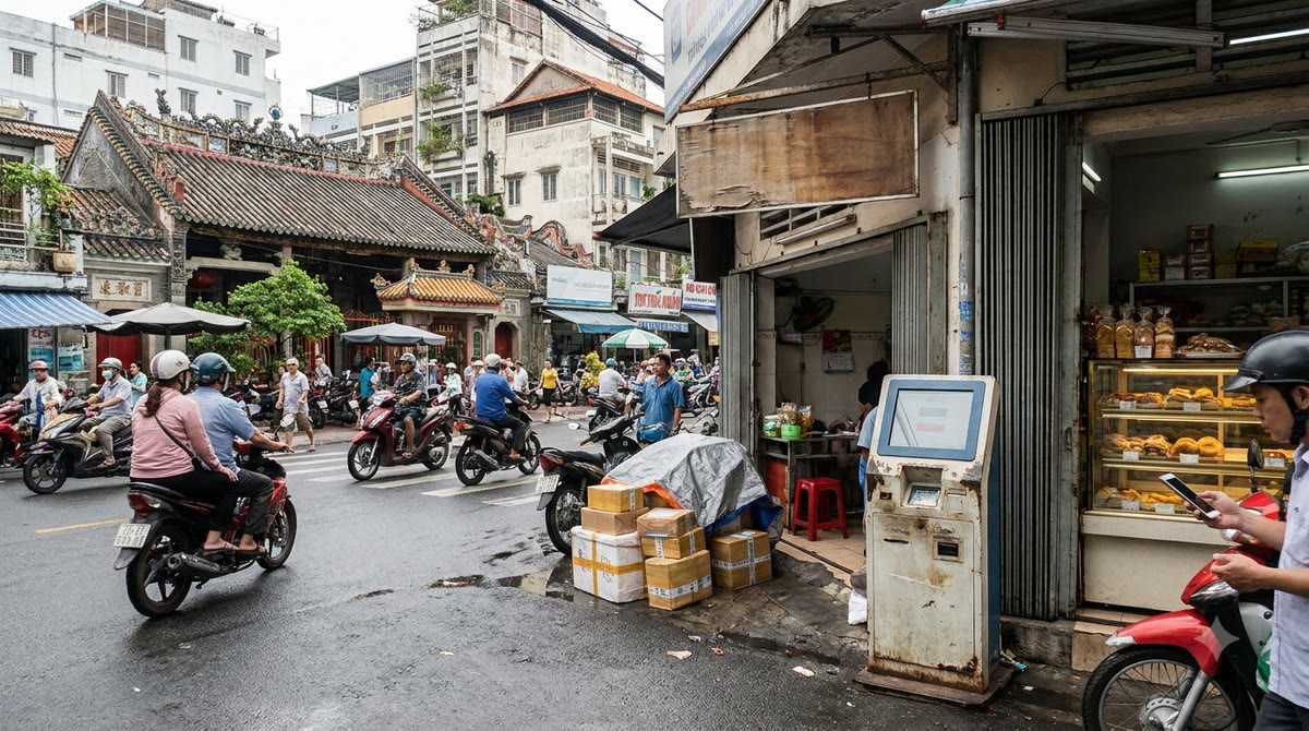 Góc phố Việt Nam với điểm nhận hàng, xe máy và mặt tiền kinh doanh giữa đô thị đông đúc
