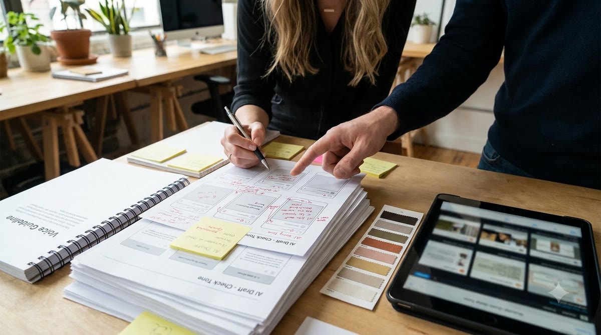 Marketing team reviewing printed drafts with handwritten notes and a brand color board